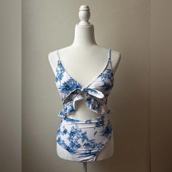 Lands’ End Blue White Toile Cutout One Piece Swimsuit Tie Front XS 2-4 - Picture 1 of 10